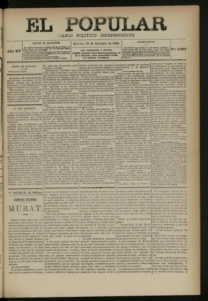 Miniatura de El Popular: diario independiente, político, literario y de noticias de interés general del 12 de diciembre de 1883, nº 4993
