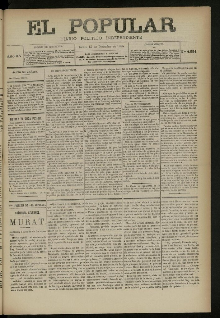 Miniatura de El Popular: diario independiente, político, literario y de noticias de interés general del 13 de diciembre de 1883, nº 4994
