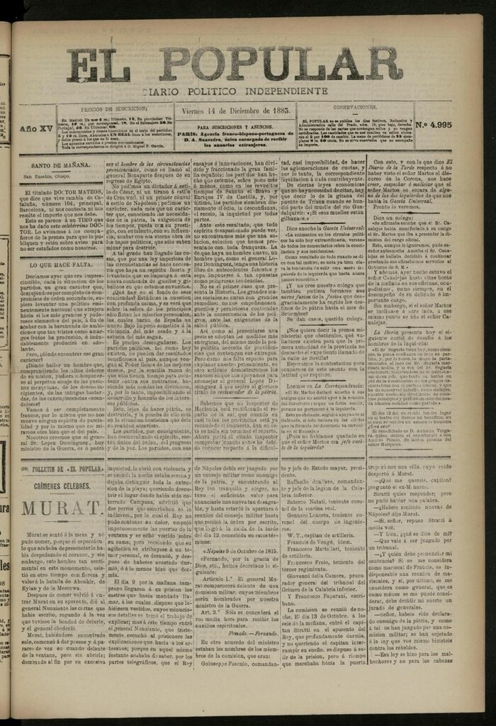 Miniatura de El Popular: diario independiente, político, literario y de noticias de interés general del 14 de diciembre de 1883, nº 4995