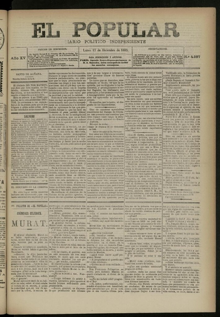 Miniatura de El Popular: diario independiente, político, literario y de noticias de interés general del 17 de diciembre de 1883, nº 4997