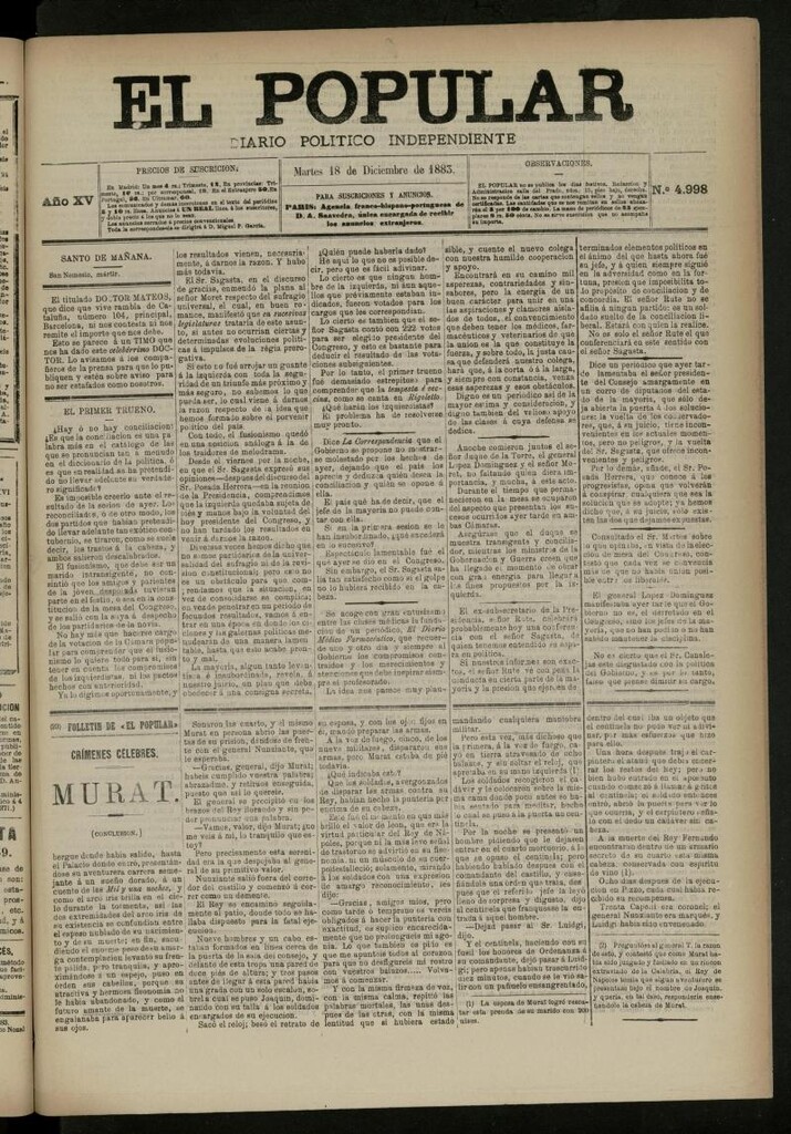 Miniatura de El Popular: diario independiente, político, literario y de noticias de interés general del 18 de diciembre de 1883, nº 4998