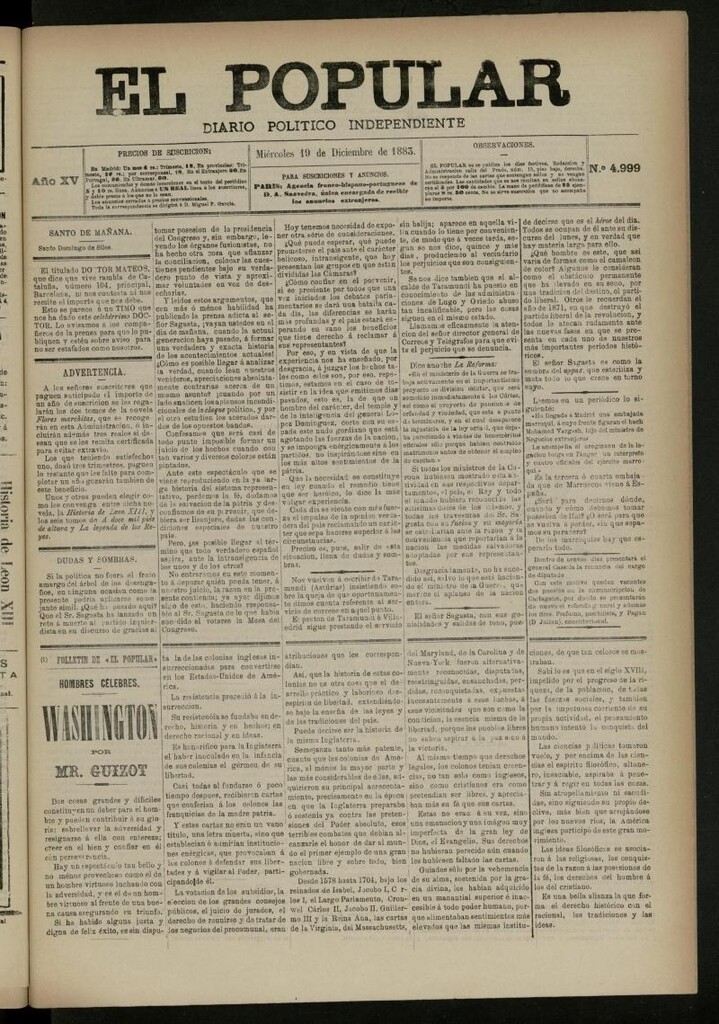Miniatura de El Popular: diario independiente, político, literario y de noticias de interés general del 19 de diciembre de 1883, nº 4999