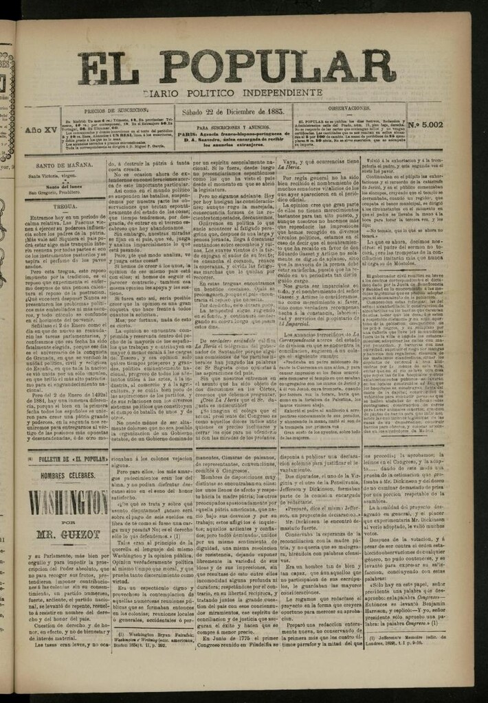 Miniatura de El Popular: diario independiente, político, literario y de noticias de interés general del 22 de diciembre de 1883, nº 5002