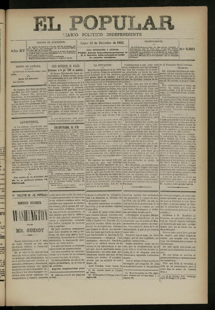 Miniatura de El Popular: diario independiente, político, literario y de noticias de interés general del 24 de diciembre de 1883, nº 5003