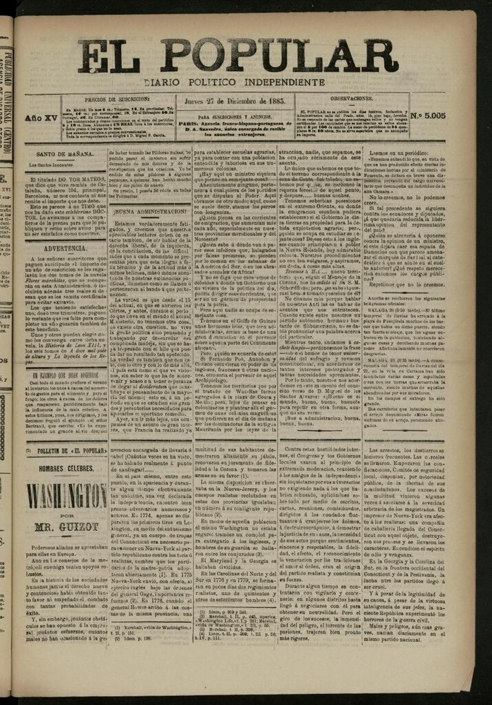 Miniatura de El Popular: diario independiente, político, literario y de noticias de interés general del 27 de diciembre de 1883, nº 5005