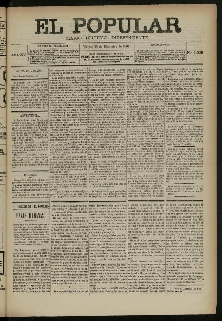 Miniatura de El Popular: diario independiente, político, literario y de noticias de interés general del 28 de diciembre de 1883, nº 5006