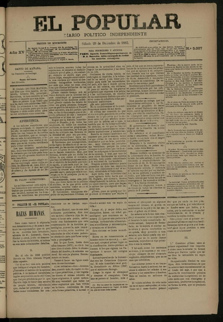Miniatura de El Popular: diario independiente, político, literario y de noticias de interés general del 29 de diciembre de 1883, nº 5007