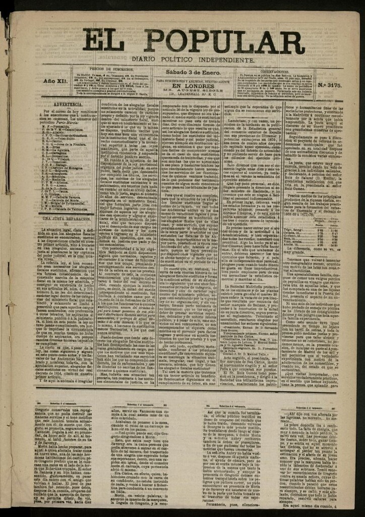 Miniatura de El Popular: diario independiente, político, literario y de noticias de interés general del 3 de enero de 1880, nº 3175