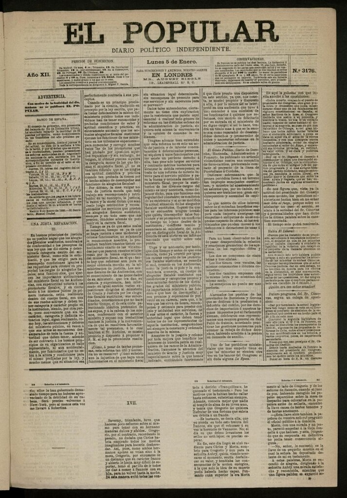 Miniatura de El Popular: diario independiente, político, literario y de noticias de interés general del 5 de enero de 1880, nº 3176