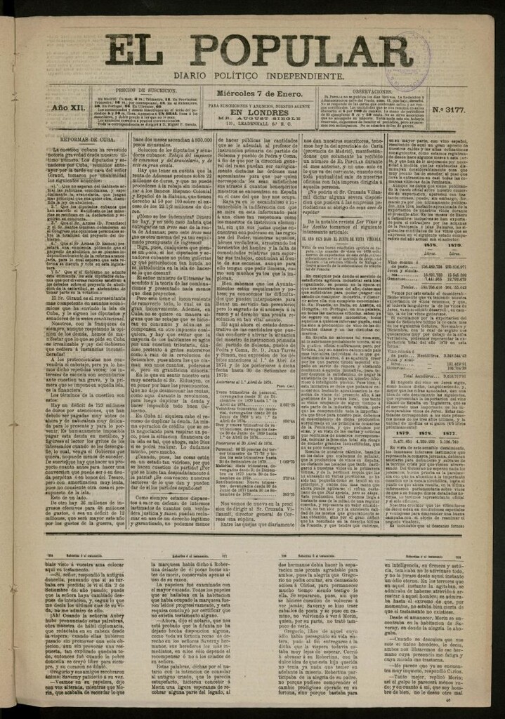 Miniatura de El Popular: diario independiente, político, literario y de noticias de interés general del 7 de enero de 1880, nº 3177