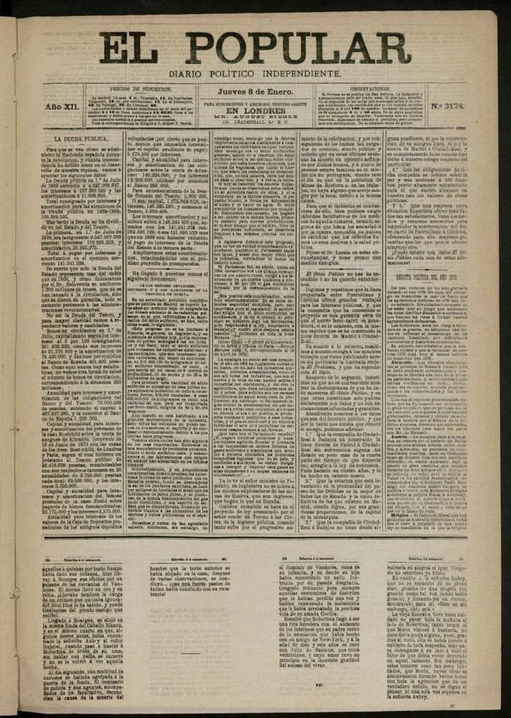 Miniatura de El Popular: diario independiente, político, literario y de noticias de interés general del 8 de enero de 1880, nº 3178