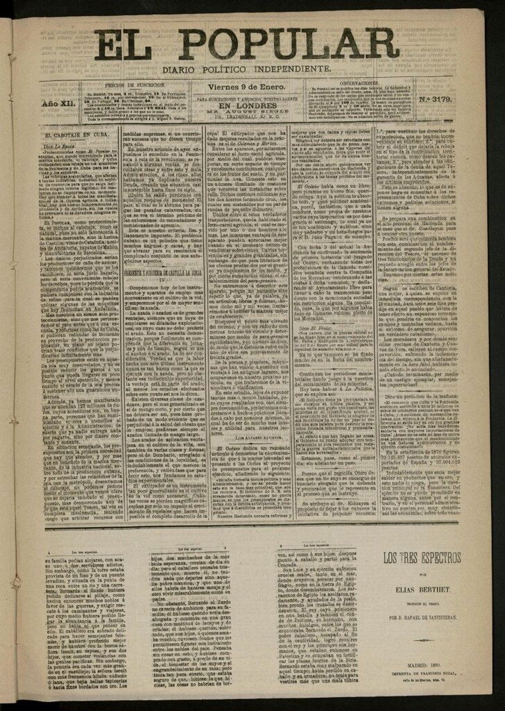 Miniatura de El Popular: diario independiente, político, literario y de noticias de interés general del 9 de enero de 1880, nº 3179