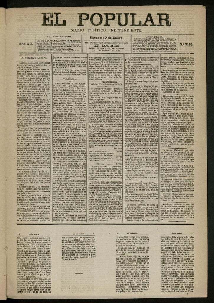 Miniatura de El Popular: diario independiente, político, literario y de noticias de interés general del 10 de enero de 1880, nº 3180