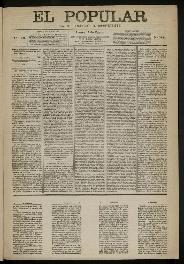 Miniatura de El Popular: diario independiente, político, literario y de noticias de interés general del 12 de enero de 1880, nº 3181