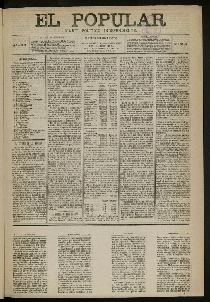 Miniatura de El Popular: diario independiente, político, literario y de noticias de interés general del 13 de enero de 1880, nº 3182