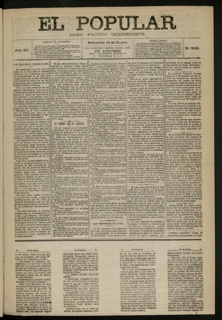 Miniatura de El Popular: diario independiente, político, literario y de noticias de interés general del 14 de enero de 1880, nº 3183