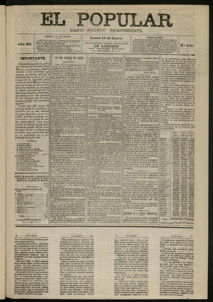 Miniatura de El Popular: diario independiente, político, literario y de noticias de interés general del 19 de enero de 1880, nº 3187