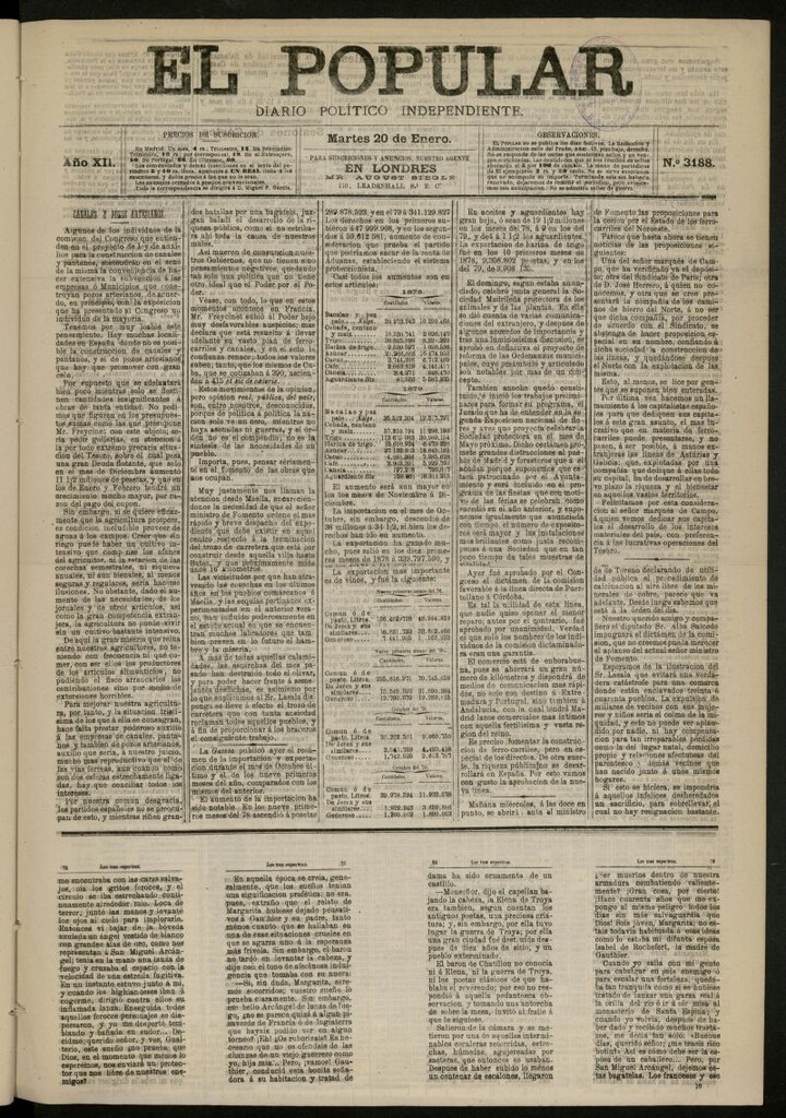 Miniatura de El Popular: diario independiente, político, literario y de noticias de interés general del 20 de enero de 1880, nº 3188
