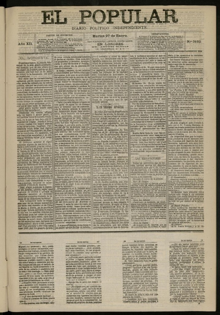 Miniatura de El Popular: diario independiente, político, literario y de noticias de interés general del 27 de enero de 1880, nº 3193