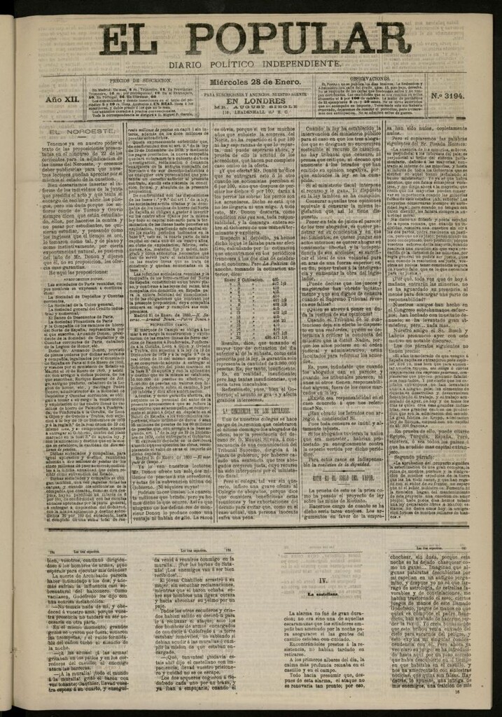 Miniatura de El Popular: diario independiente, político, literario y de noticias de interés general del 28 de enero de 1880, nº 3194