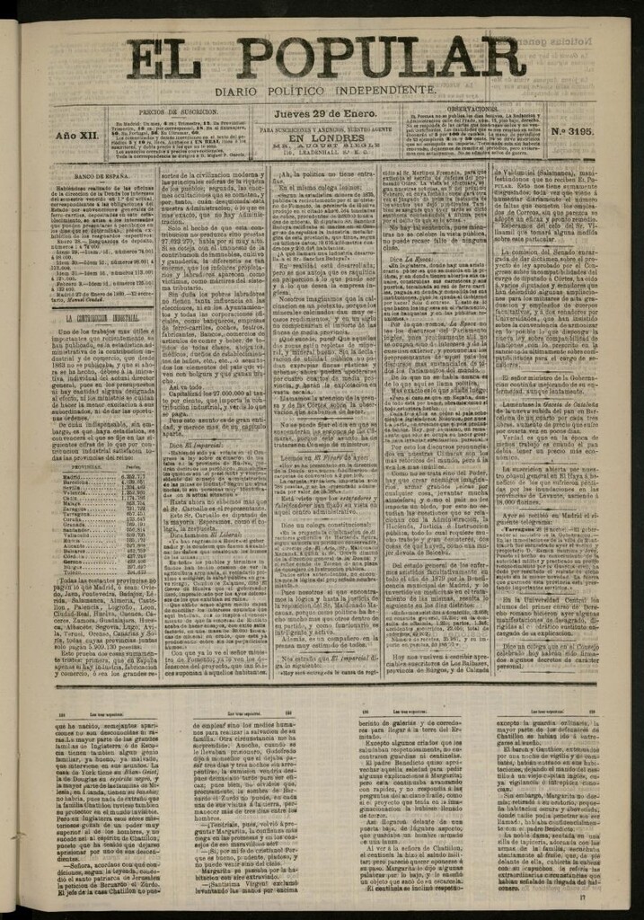 Miniatura de El Popular: diario independiente, político, literario y de noticias de interés general del 29 de enero de 1880, nº 3195