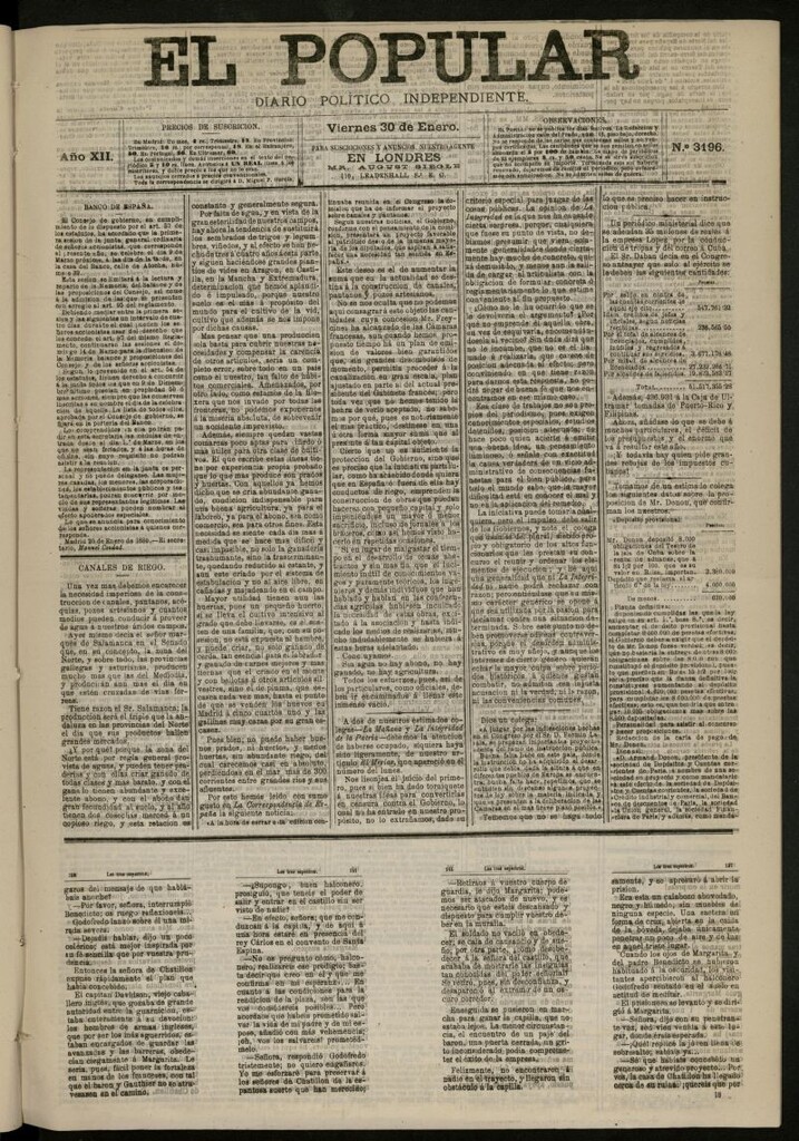 Miniatura de El Popular: diario independiente, político, literario y de noticias de interés general del 30 de enero de 1880, nº 3196