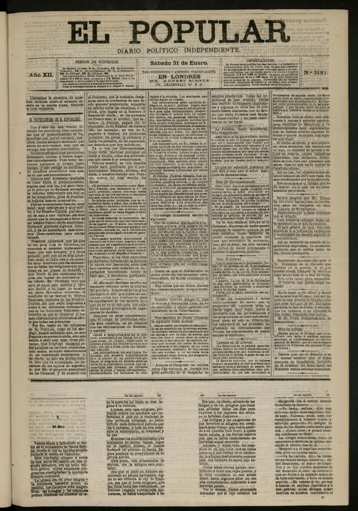 Miniatura de El Popular: diario independiente, político, literario y de noticias de interés general del 31 de enero de 1880, nº 3197