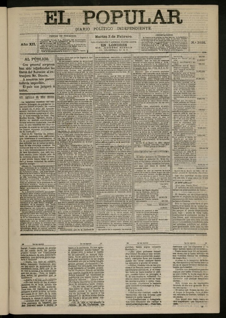 Miniatura de El Popular: diario independiente, político, literario y de noticias de interés general del 3 de febrero de 1880, nº 3198
