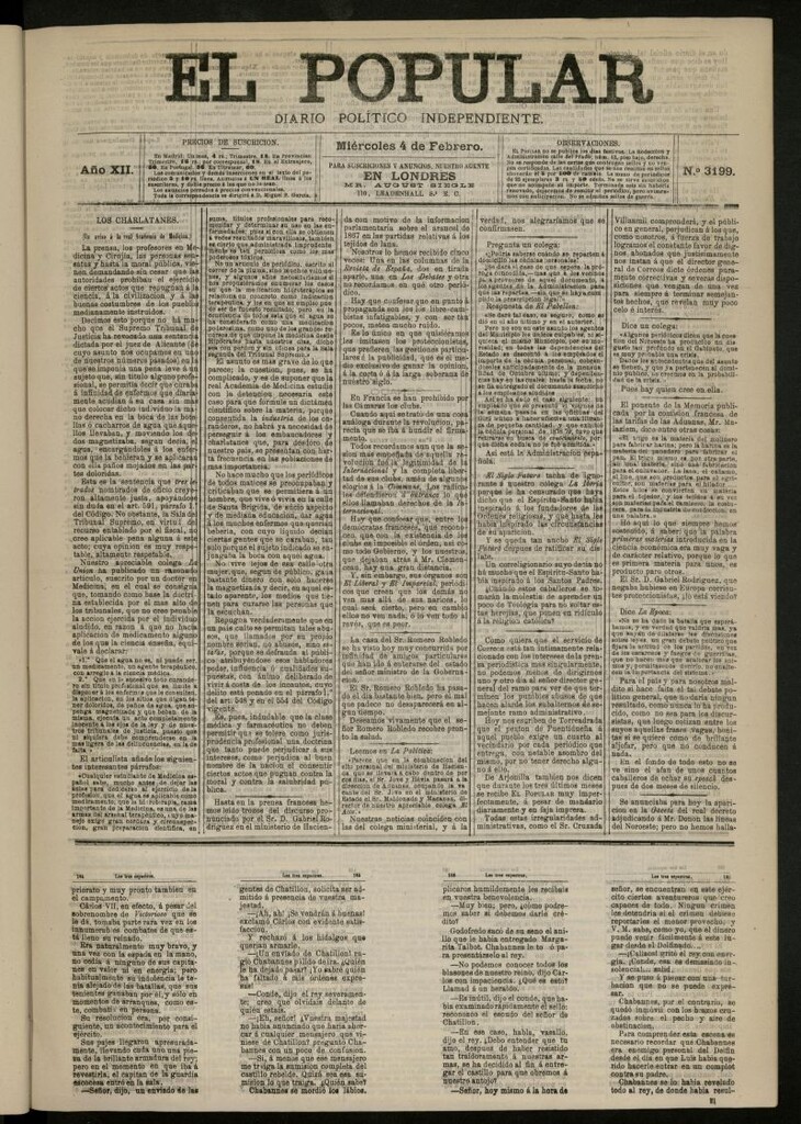 Miniatura de El Popular: diario independiente, político, literario y de noticias de interés general del 4 de febrero de 1880, nº 3199