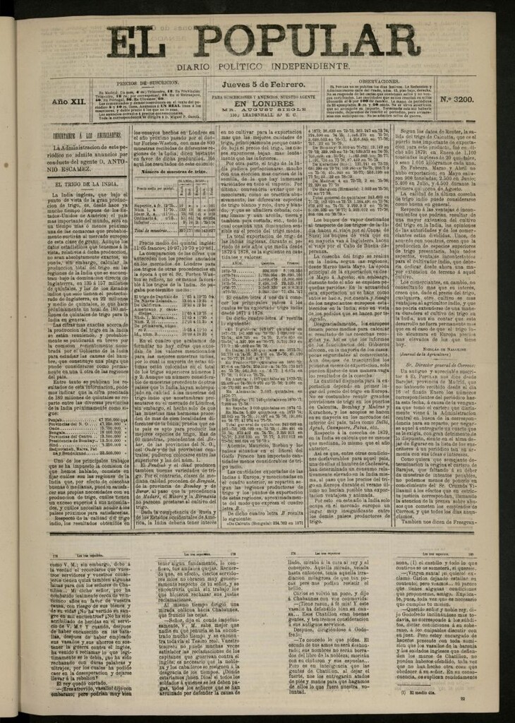 Miniatura de El Popular: diario independiente, político, literario y de noticias de interés general del 5 de febrero de 1880, nº 3200