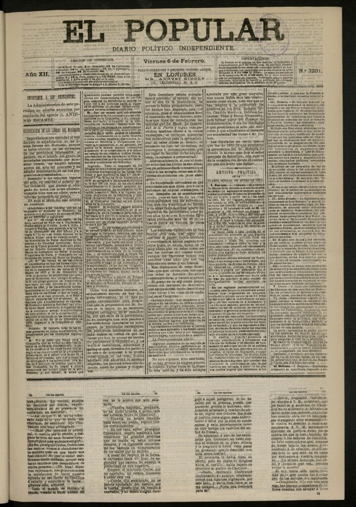 Miniatura de El Popular: diario independiente, político, literario y de noticias de interés general del 6 de febrero de 1880, nº 3201