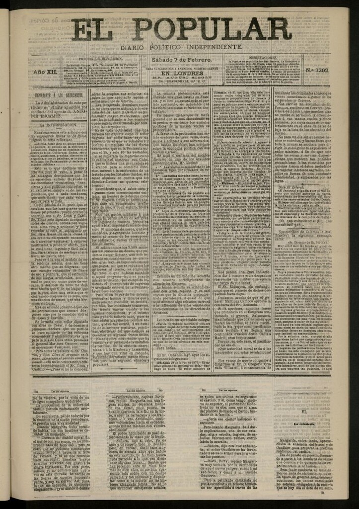 Miniatura de El Popular: diario independiente, político, literario y de noticias de interés general del 7 de febrero de 1880, nº 3202