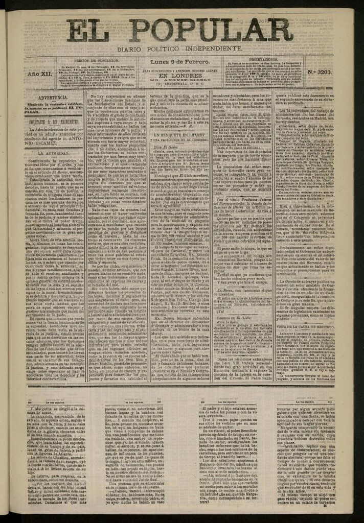 Miniatura de El Popular: diario independiente, político, literario y de noticias de interés general del 9 de febrero de 1880, nº 3203