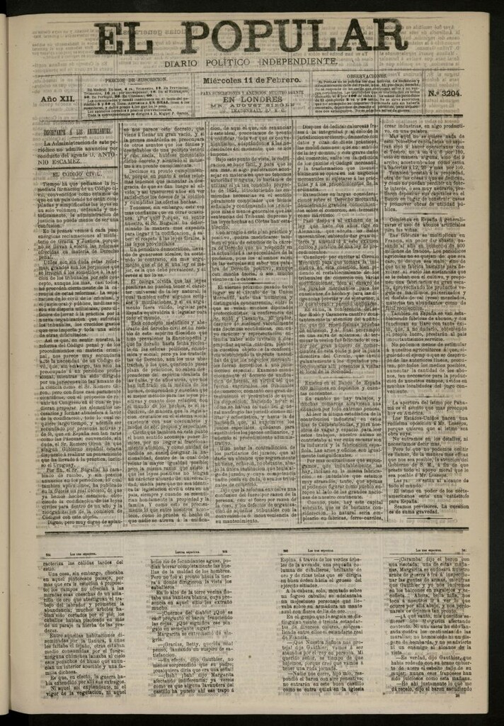 Miniatura de El Popular: diario independiente, político, literario y de noticias de interés general del 11 de febrero de 1880, nº 3204