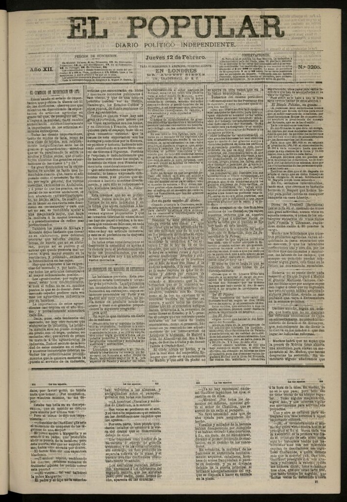 Miniatura de El Popular: diario independiente, político, literario y de noticias de interés general del 12 de febrero de 1880, nº 3205