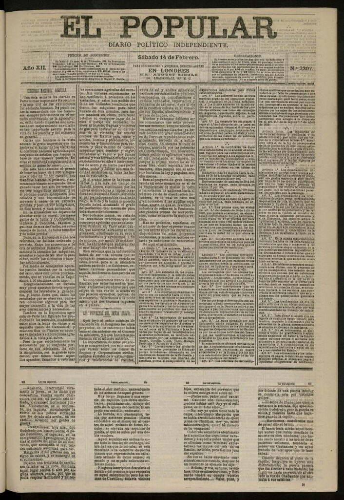 Miniatura de El Popular: diario independiente, político, literario y de noticias de interés general del 14 de febrero de 1880, nº 3207