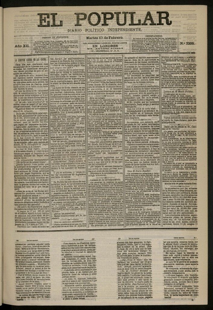 Miniatura de El Popular: diario independiente, político, literario y de noticias de interés general del 17 de febrero de 1880, nº 3209