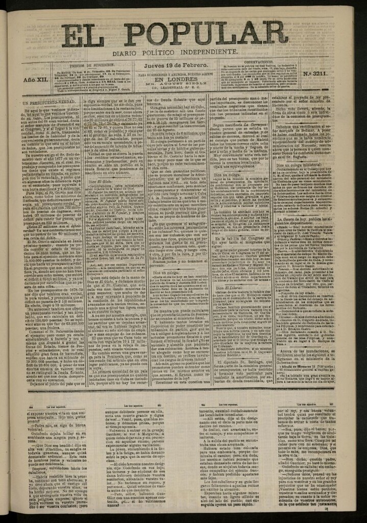 Miniatura de El Popular: diario independiente, político, literario y de noticias de interés general del 19 de febrero de 1880, nº 3211