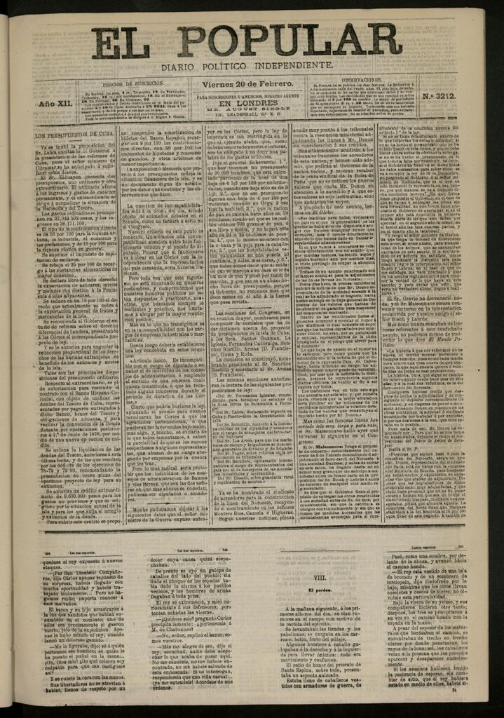 Miniatura de El Popular: diario independiente, político, literario y de noticias de interés general del 20 de febrero de 1880, nº 3212