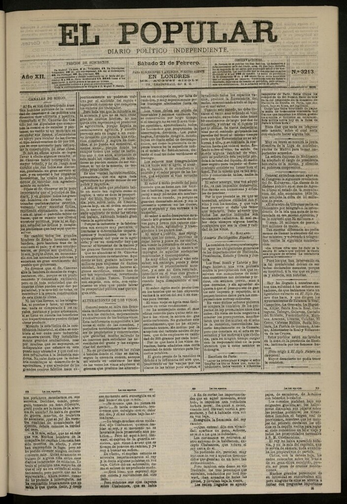 Miniatura de El Popular: diario independiente, político, literario y de noticias de interés general del 21 de febrero de 1880, nº 3213