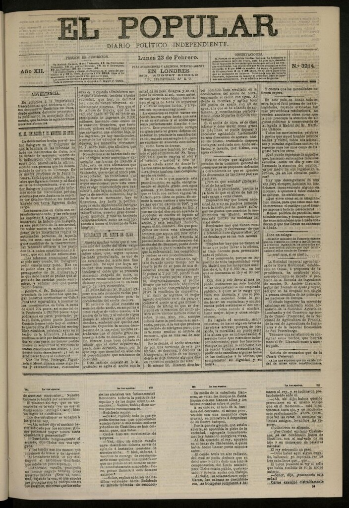 Miniatura de El Popular: diario independiente, político, literario y de noticias de interés general del 23 de febrero de 1880, nº 3214