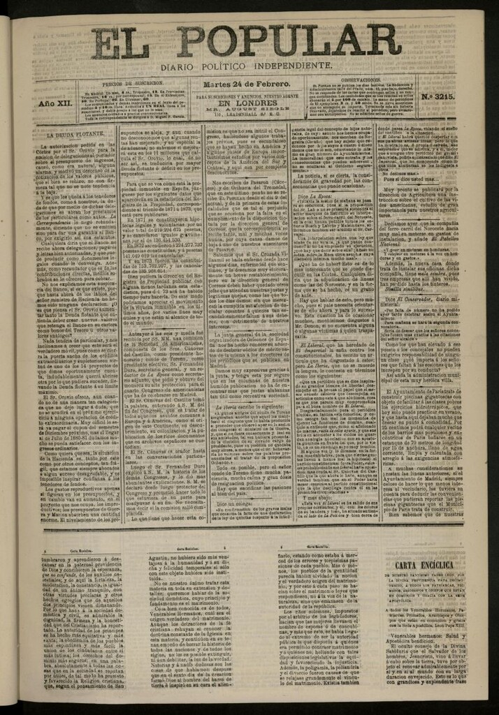 Miniatura de El Popular: diario independiente, político, literario y de noticias de interés general del 24 de febrero de 1880, nº 3215