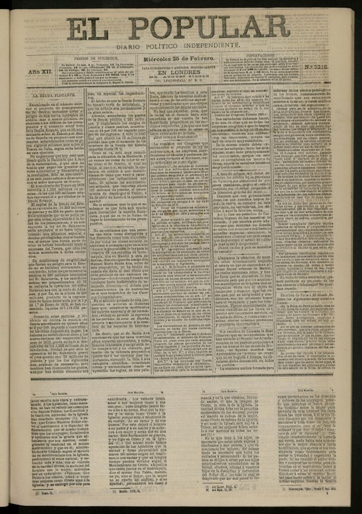 Miniatura de El Popular: diario independiente, político, literario y de noticias de interés general del 25 de febrero de 1880, nº 3216