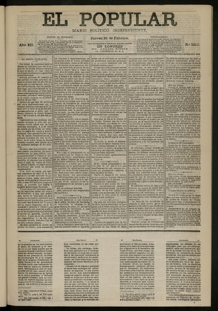 Miniatura de El Popular: diario independiente, político, literario y de noticias de interés general del 26 de febrero de 1880, nº 3217