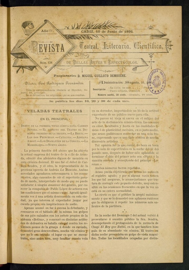 Miniatura de Revista Teatral, Literaria, Científica, de Bellas Artes y Espectáculos. Nº 128