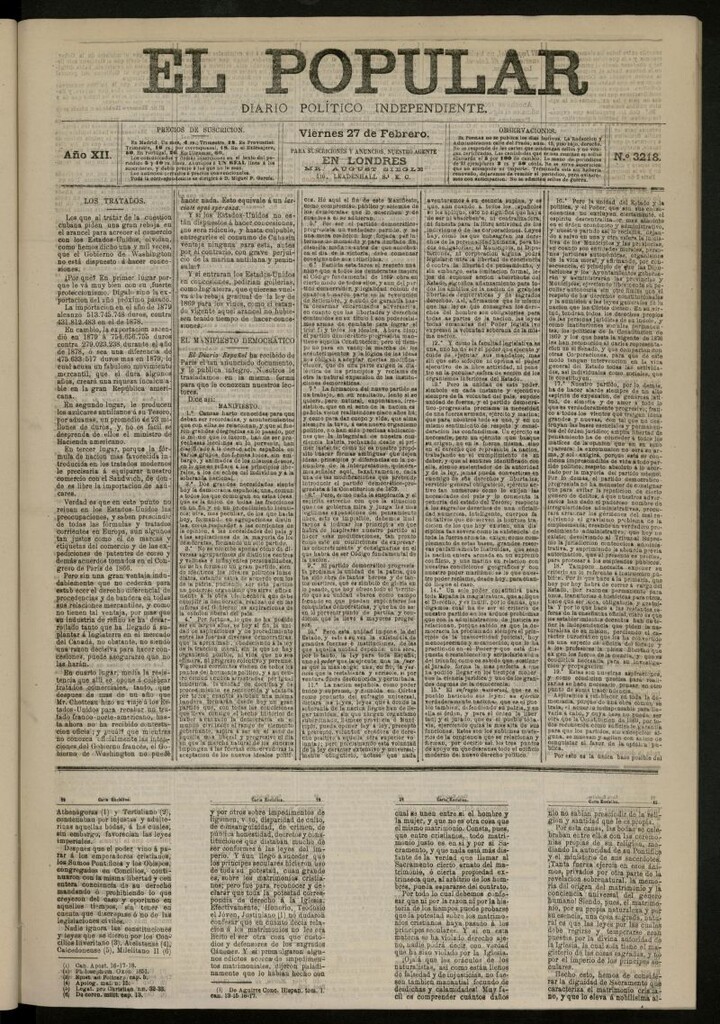 Miniatura de El Popular: diario independiente, político, literario y de noticias de interés general del 27 de febrero de 1880, nº 3218