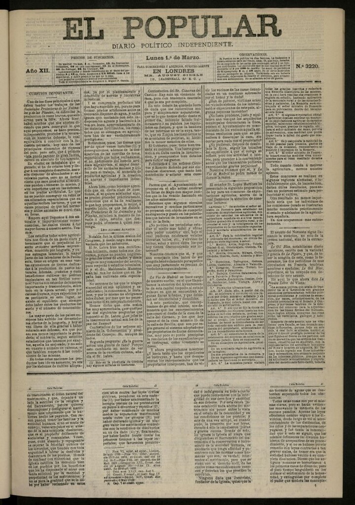 Miniatura de El Popular: diario independiente, político, literario y de noticias de interés general del 1 de marzo de 1880, nº 3220