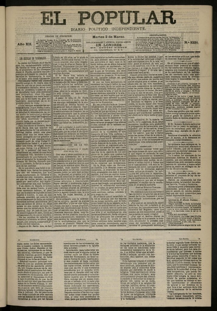 Miniatura de El Popular: diario independiente, político, literario y de noticias de interés general del 2 de marzo de 1880, nº 3221