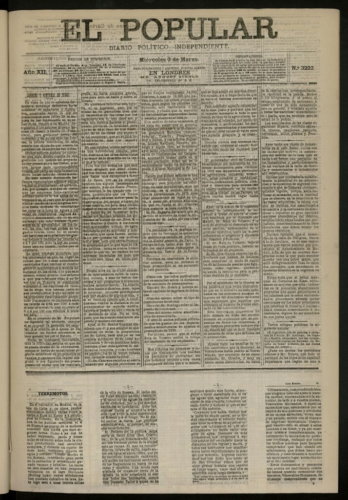 Miniatura de El Popular: diario independiente, político, literario y de noticias de interés general del 3 de marzo de 1880, nº 3222