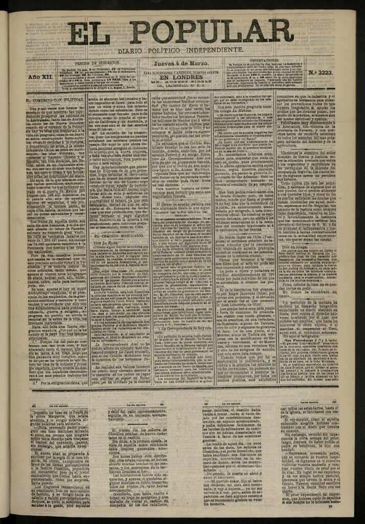 Miniatura de El Popular: diario independiente, político, literario y de noticias de interés general del 4 de marzo de 1880, nº 3223